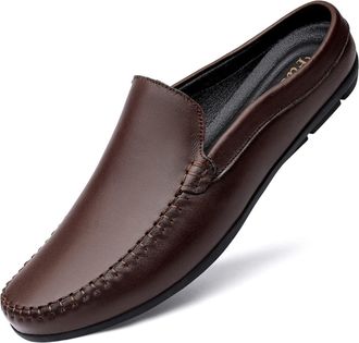 Generic Mens Loafers Mule Loafer Genuine Leather Stitching Details Round Toe Slip Resistant Flexible Comfortable Party Fashion Slip-on(Brown,5.5 UK)
