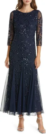 Pisarro Nights Illusion Sleeve Beaded A-Line Gown in Dark Navy at Nordstrom, Size 10