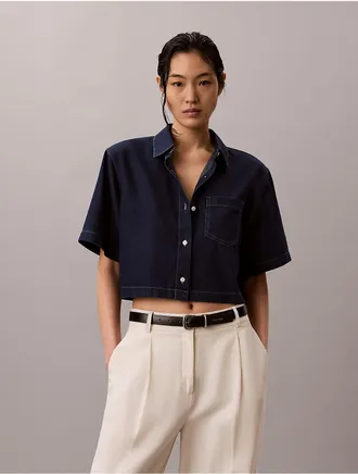 Calvin Klein Jeans Calvin Klein Womens Lyocell Blend Cropped Boxy Shirt - Blue - XL