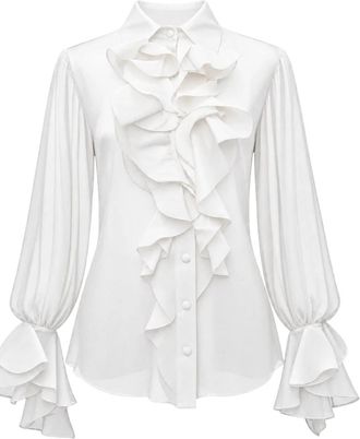 Actualee Chiffon Blouse met Cascading Ruches - Dames - Blouses - Wit - M - Chiffon - Overhemden