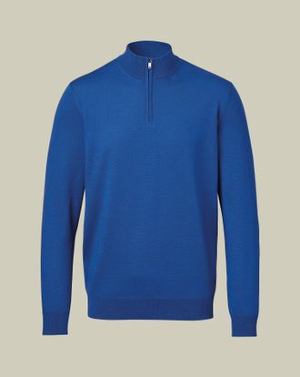 CHARLES TYRWHITT Pure Merino Zip Neck Wool Jumper - Cobalt Blue Size Large by Charles Tyrwhitt