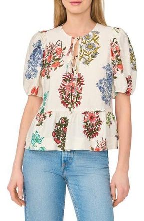 CeCe by Cynthia Steffe Floral Tie Keyhole Puff Sleeve Peplum Top in Mayfly at Nordstrom Rack, Size Medium