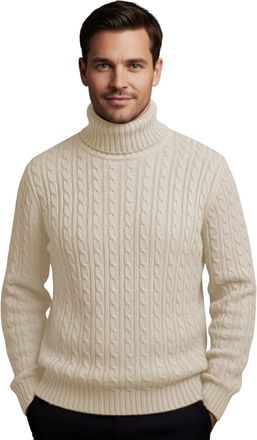 Janisramone Mens High Polo Roll Neck Jumper Long Sleeve Cable Knitted Casual Winter Sweater Pullover Cream