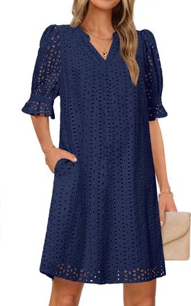 Merokeety Womens 2026 Summer Short Sleeve Mini Dress V Neck Ruffle Hollow Out Eyelet Lace Dresses, Navy, S