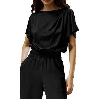 LilySilk Womens Short Rippled Batwing Sleeves Silk Shirt in Black at Nordstrom, Size X-Large