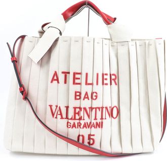 Valentino Garavani Ivory Canvas Leather Tote Bag (Pre-Owned)