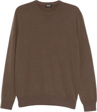 Ermenegildo Zegna Truien & Vesten, Heren, Bruin, L, Kasjmier, Bruine Cashmere Sweater Geribbelde Ronde Hals