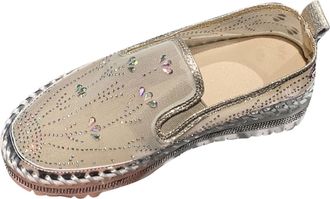 Generic Womens Loafers Breathable Mesh Walking Shoes Round Toe Fashionable Rhinestone Thick Sole Lightweight Casual Slip On Flat Shoes Summer Outdoor Gold