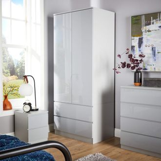 Home Source Industries Wardrobe 2 Door 2 Drawer Storage Cabinet Modern Home Bedroom Unit in Grey