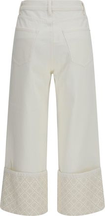 Tory Burch Womens T Monogram Contrast Cuff Straight-Leg Jeans White Cotton