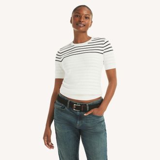 Nautica Womens Striped Short-Sleeve Sweater