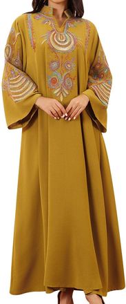 Generic Elegant Muslims Dress for Women Jalabiya Embroidery Kaftan Full Length Dress Long Sleeves Party Dress Middle East Robe Ramadan for Ethnic, Evening, Pa