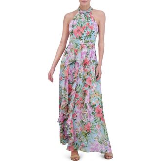 Eliza J Floral Ruffle Detail Maxi Dress in Light Blue at Nordstrom Rack, Size 4