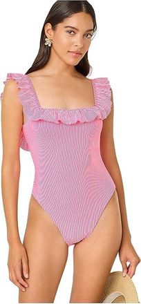 Lilly Pulitzer Aemma Ruffle One Piece Womens Swimsuits One Piece Cherry Blossom Pink Seersucker Stripe : 10, Nylon/Spandex