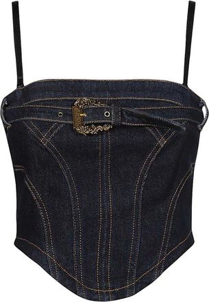 Versace Jeans Couture Denim Crop Top met Afneembare Bandjes - Dames - Tops zonder mouwen - Blauw - XS - Denim - Tops