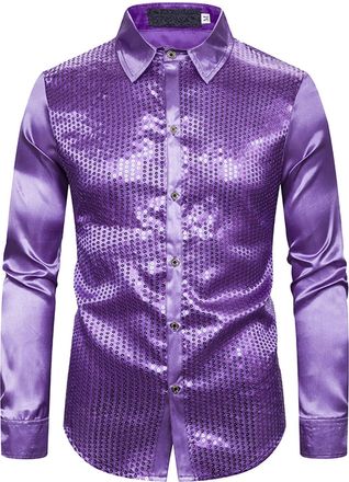Generic Mens Dress Shirt Carnival Sequins Long Sleeve Button Down Shirts 70s Disco Glitter Hot Stamped Dance Top for Retro Party Club Night Out A- Purple
