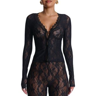 Naked Wardrobe Lace Long Sleeve Button-Up Top in Black at Nordstrom, Size Small