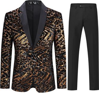 AlltheMen Mens Shiny Sequined Suits 2 Piece Suit 1 Button Slim Fit Tuxedo Suits Casual Jacket Trousers for Wedding 41 Gold XXL