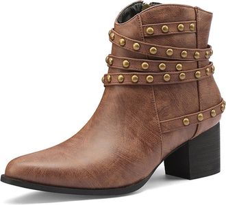 Generic Womens Retro Studded Closed Toe PU Leather Ankle Boots Chunky Block Heels Side Zipper Multiple Strap Detail Comfortable Non-Slip Durable,Brown,3.5 UK