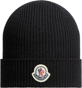 Moncler Accessoires, Heren, Zwart, ONE Size, Wol, Zwarte Wol Ribgebreide Muts