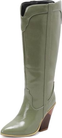 Generic Womens Knee High Western Cowboy Boot Pointed Toe Chunky Heel Cushioned Insole Durable Upper Non Slip Outsole Retro Party Daily Streetwear,Green,9.5 UK