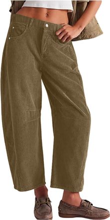 Generic DUHENWU Corduroy Trousers for Women UK Wide Leg Baggy Jeans Corduroy Pants Solid Color Casual Loose Wear Barrel Mid-Rise Elastic Waist Cord Pants Ligh