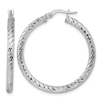 Diamond2Deal 14K White Gold Diamond-cut and Twisted 3.0mm Round Hoop Earrings