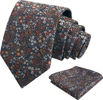 Alizeal Mens Floral Patterned Wedding Party Tie with Pocket Square 8cm Colorful Classic Business Tie Set, Gray+Brown