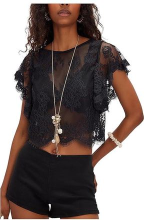Free People Lunar Ash Lace Top Womens Clothing Black : LG (Womens 12-14), Nylon