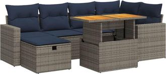 vidaXL 7 Piece Garden Sofa Set with Cushions Black Poly Rattan Acacia Vidaxl