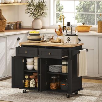 HOMCOM Rolling Kitchen Island Cart with Rubber Wood Top, Spices in Black
