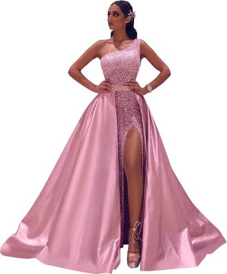 Generic Womens One Shoulder Sequin Prom Dresses Sparkly Mermaid Formal Long Satin Ball Gowns Dusty Pink XXS