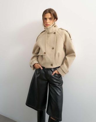 Topshop trench corto in misto lana color pietra-Neutro