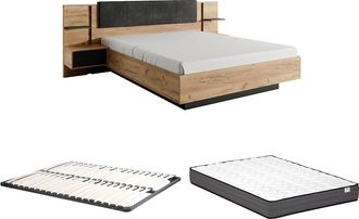 Vente-Unique Cama con mesas de noche 160 x 200 cm - Con LEDs - Color: natural y antracita + Somier + colch&oacute;n - ELYNIA