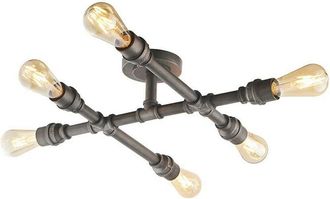 Loops Semi Flush Ceiling Lamp Aged Pewter 6x Bulb Multi Light Industrial Exposed Pipe
