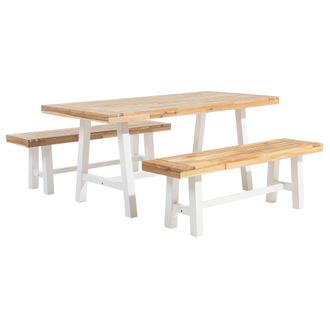 Beliani Conjunto De Comedor De Jard&iacute;n Con Tablero De Madera Clara Y Patas Blancas 3 Piezas Mesa Rectangular De Madera De Acacia 2 Bancos Scania