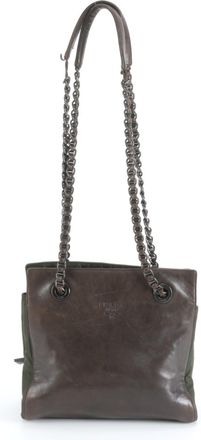 Prada Brown Green Leather Nylon Shoulder Bag Tote Bag (Pre-Owned)