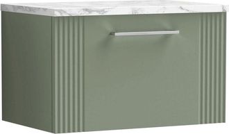 Nuie Deco Wall Hung 1-Drawer Vanity Unit with Carrera Marble Worktop 600mm Wide - Satin Green - Nuie
