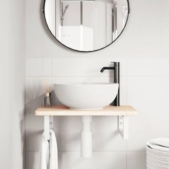 Berkfield Home Elegant Basin Shelf Wall Mounted Steel & Solid Wood Oak in Light Oak