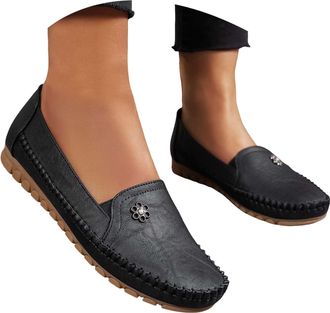 Generic Flat Shoes for Women Stylish Orthopedic Leather Shoes Ballet Flat Comfortable Women Lightweight Loafers for Daily Wear Beach Travel (5.5) Black