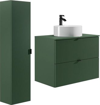 Vente-Unique Mueble de ba&ntilde;o suspendido estriado con lavabo sobre encimera redondo y columna - Verde mate - 80 cm - ZEVINI