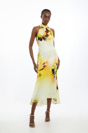 Karen Millen Viscose Satin Tie Dye Floral Halter Maxi Dress