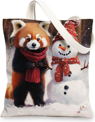 Generic Winter Christmas Red Panda Canvas Tote Bag for Shopping 13x15, Snowman Xmas Animal Pet Reusable Grocery Print Bag for Women, Holiday Beach Aesthetic P