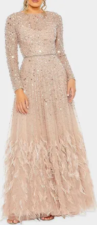 Mac Duggal Disc Sequin & Feather Embellished Gown