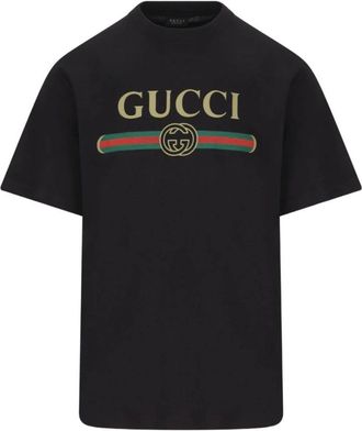 Gucci T-shirt van zijdeblend met print - Heren - Tops - Zwart - Maat: XL Zijde