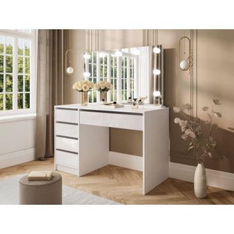Dmora Escritorio Lusiana, 4 Cajones, Modulable, Con Pasacables, 120x55x143h Cm Blanco Blanco Brillante