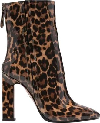 Aquazzura Schoenen, Dames, Bruin, 39 1/2 EU, Leer, Luipaardprint Hoge Hak Enkellaarzen