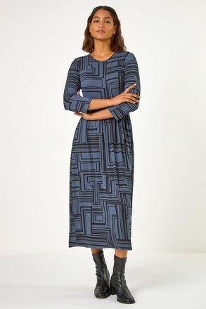 Roman Linear Print Pocket Stretch Midi Dress