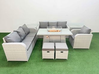 Fimous 9 Seater Poly Rattan Outdoor Garden Furniture Firepit Dining Table Sofa Set Patio 3 Seater Sofa Reclining Chair 3 Seater Sofa Stools 2 Side