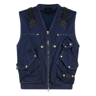Stone Island Vests, male, Blue, Size: XL Denim Gilet with Zip and Pockets